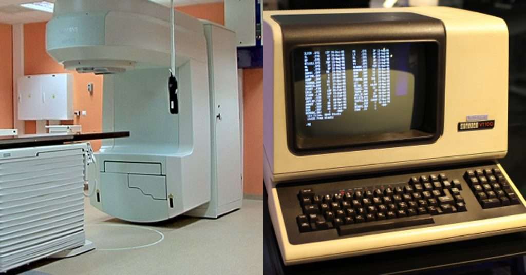 Imagem do computador controlador e da máquina de radioterapia