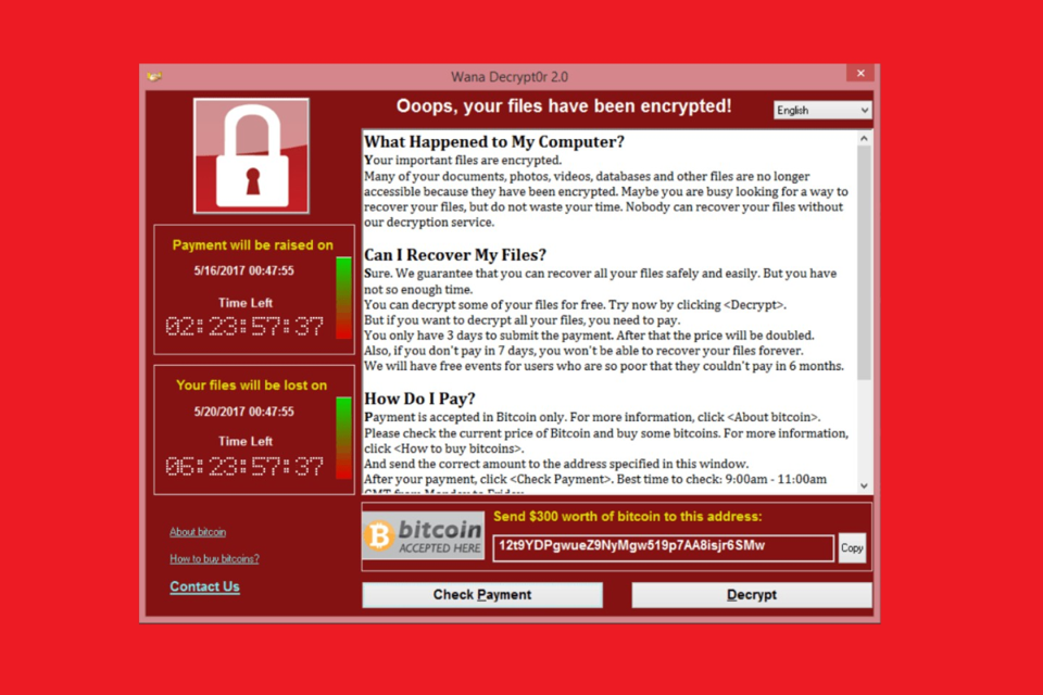 Na imagem, a tela exibida em computadores afetados pelo WannaCry
